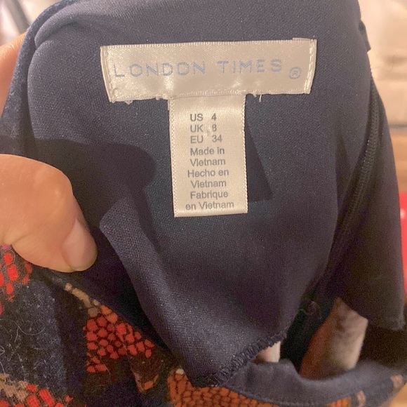 London Times 3/4 Sleeve Printed Knit Dress with Asymmetrical Hem - Picture 2 of 3